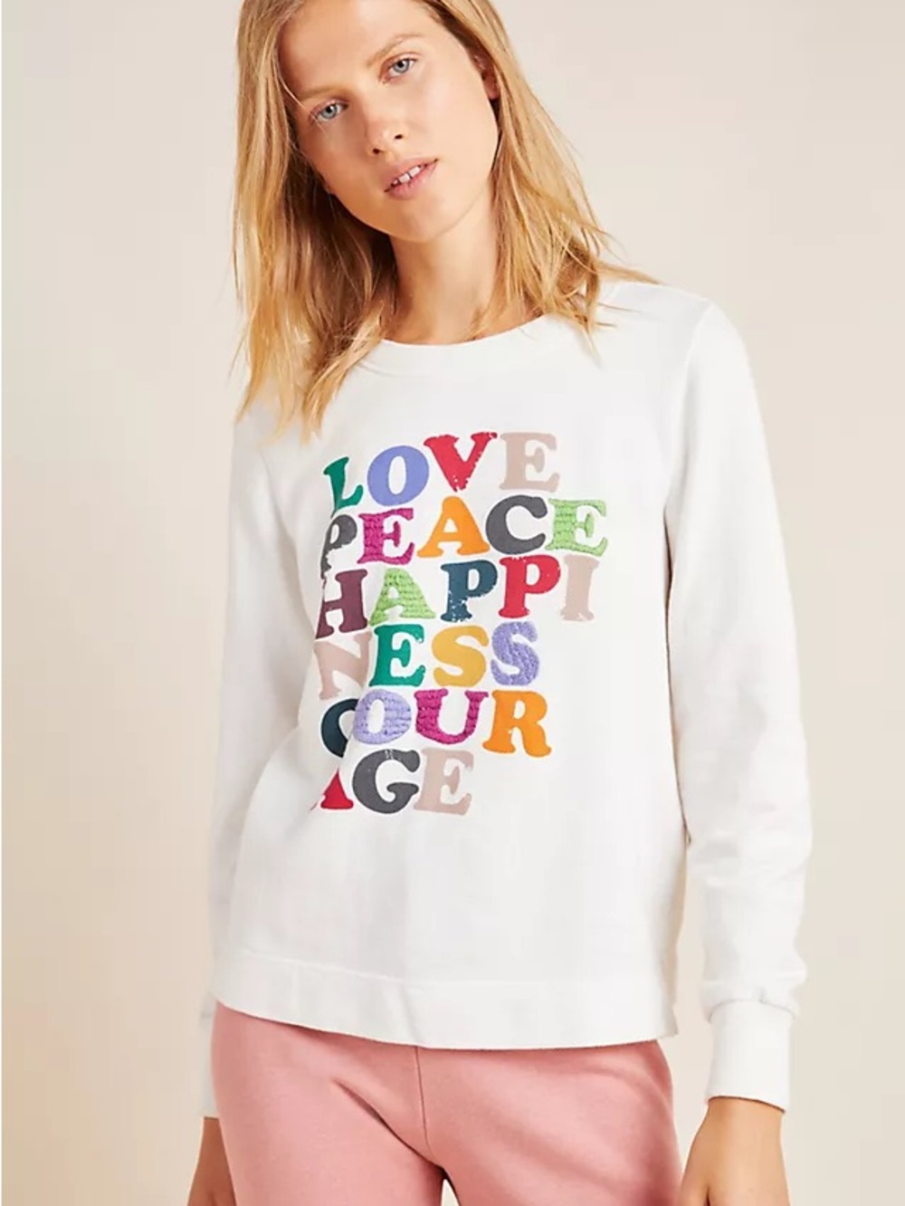 NWT Anthro Garima Dhawan Love Peace Happiness 100% Cotton Pullover, Ivory – M